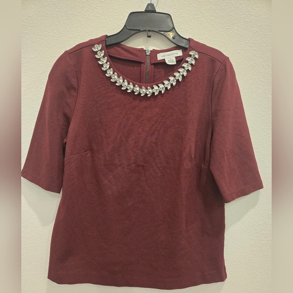 Liz Claiborne Tops - Liz Claiborne Burgundy‎  Blouse with Embellished Neckline and 3/4 Sleeves